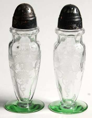 Empress Moongleam 3380 (Etch 447) Footed Shaker Set & Metal Lids