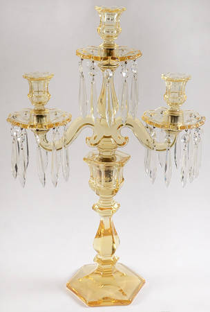 Old Williamsburg Candlelabras & Epergne 20" Yellow 3 Lt Candelabra W/3 Bobeche & 30 Prisms