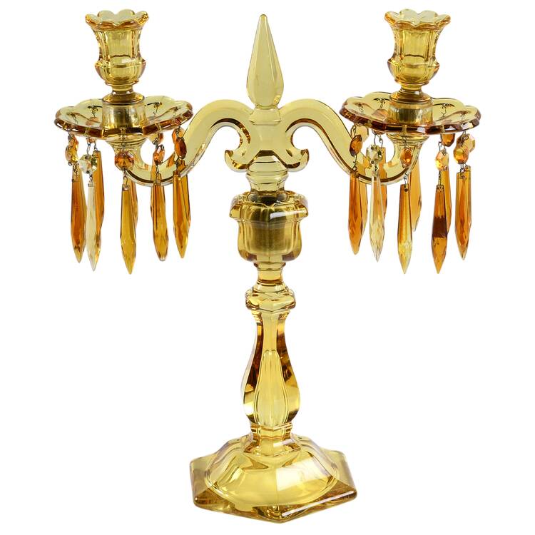 Old Williamsburg Candlelabras & Epergne 16" Yellow 2 Lt Candelabra W/2 Bobeche & 20 Prisms
