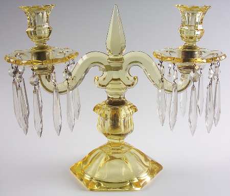 Old Williamsburg Candlelabras & Epergne 10" Yellow 2 Lt Candelabra W/2 Bobeche & 20 Prisms