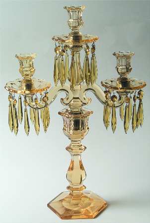 Old Williamsburg Candlelabras & Epergne 20" Yellow 3 Lt Candelabra W/3 Bobeche & 30 Prisms