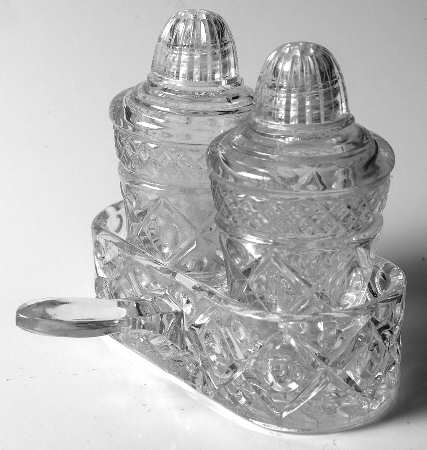 Cape Cod Clear (1602 + 160) Salt & Pepper Footed W/Plastic Lids & Tray Set