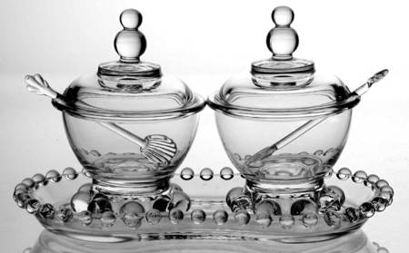 Candlewick Clear (Stem 3400) Mustard & Ketchup Set (Tray + 2 Mustards W/Spoons)