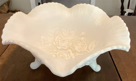 Rose Milk Glass (Doeskin-Satin) 10" Round 3-Toed Crimped Bowl