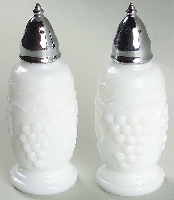 Vintage Grape Milk Glass Footed Shaker Set & Metal Lids