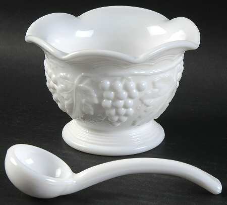 Vintage Grape Milk Glass Sauce Bowl with Ladle