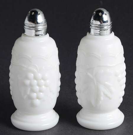 Vintage Grape Milk Glass Footed Shaker Set & Metal Lids