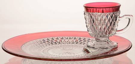 Diamond Point Ruby Snack Plate & Cup Set
