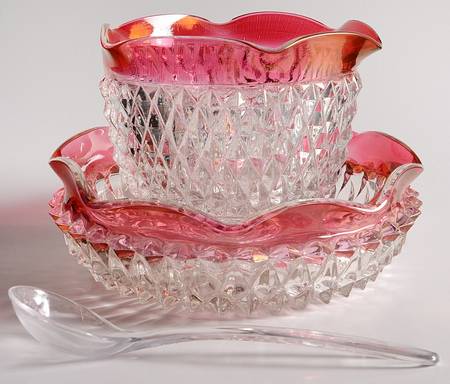 Diamond Point Ruby Mayonnaise Bowl, Underplate and Ladle