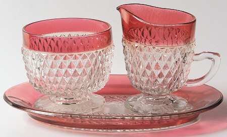 Diamond Point Ruby Creamer, Sugar and Tray Set