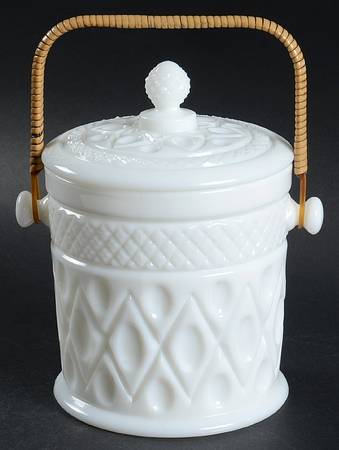 Cape Cod Milk Glass Candy Jar & Lid with Bamboo Handle