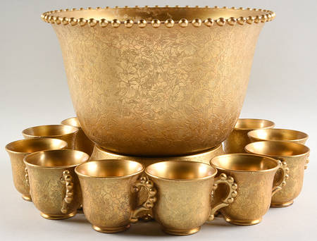Candlewick Gold Encrusted (14 Piece) Punch Set (Bowl ,Stand &12 Cups)