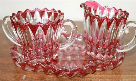 Lotus Blossom Ruby Flashed Creamer, Sugar and Tray Set