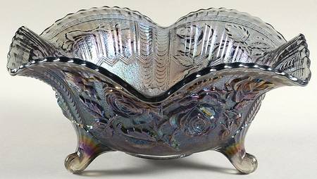 Open Rose Smoke Carnival (Newer) 11" Round 3-Toed Crimped Bowl