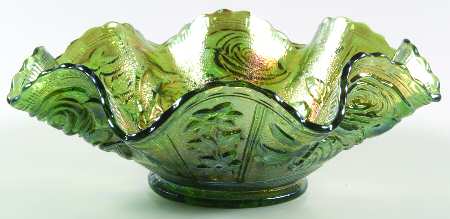 Open Rose Green Carnival Medium Ruffled Bowl