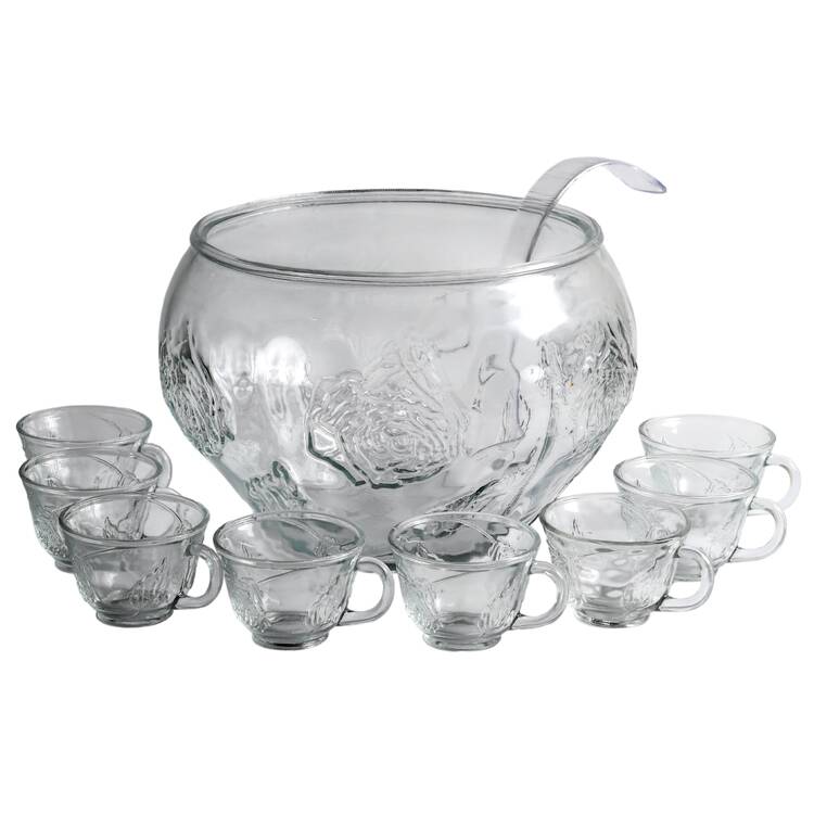 Floral (10 Pc) Punch Set (Bowl,8 Cups,Plastic Ladle,Hooks