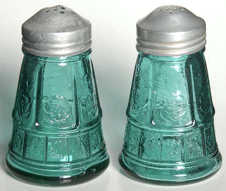 Doric and Pansy Teal Green Shaker Set w/Metal Lids