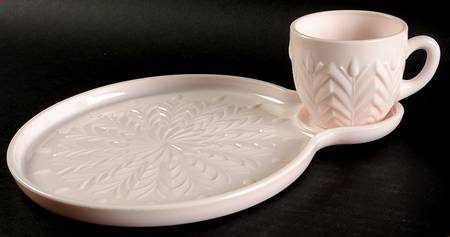Shell Pink Milk Glass Snack Plate & Cup Set