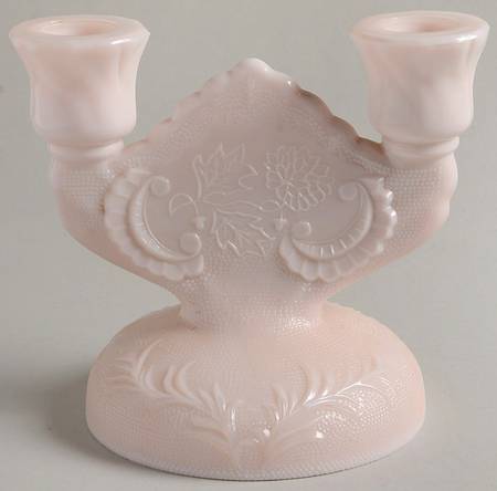 Shell Pink Milk Glass Double Light Candlestick