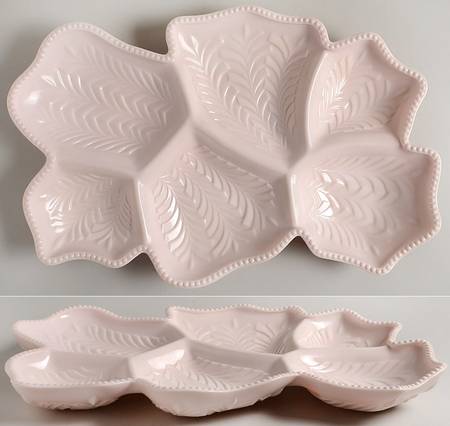 Shell Pink Milk Glass 16" leaf shape 6 part relish