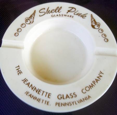 Shell Pink Milk Glass Ashtray with Advertisement