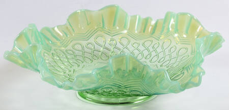 Many Loops Green Opalescent 8" Round Crimped Bowl