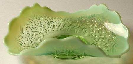 Many Loops Green Opalescent 8" Round Crimped Bowl