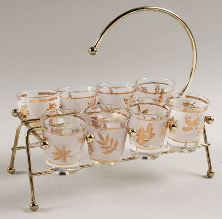 Golden Foliage Shot Glass Set (8 Glasses with Metal Stand)