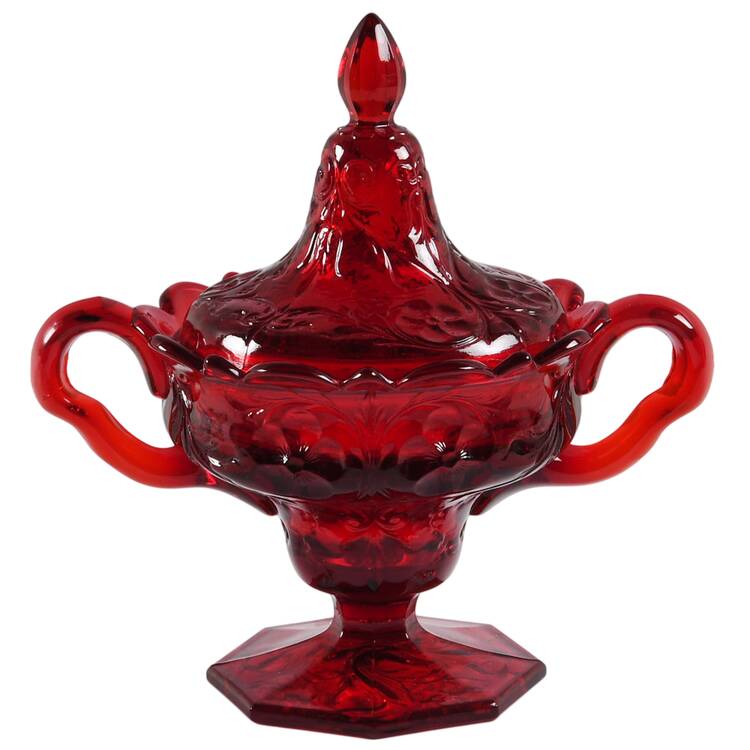 Rock Crystal Red Footed Sugar Bowl & Lid by McKee