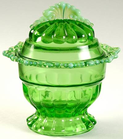 Ring and Petal Green Opalescent Bowl Has Lip, Sugar Bowl & Lid