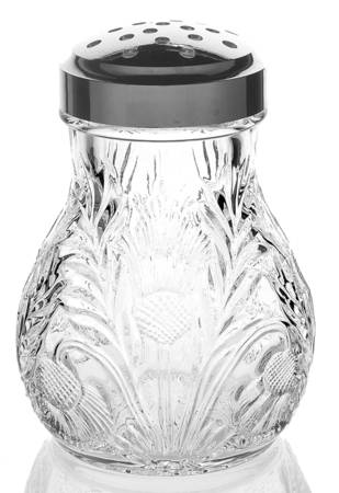 Inverted Thistle Clear Sugar Shaker with Stamped Metal Top