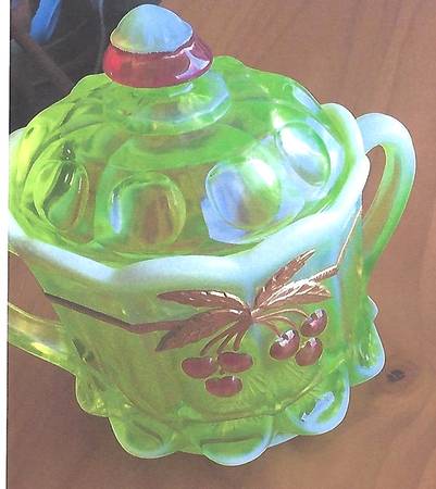 Cherry Thumbprint Vaseline Opal Decorated Cookie Jar & Lid