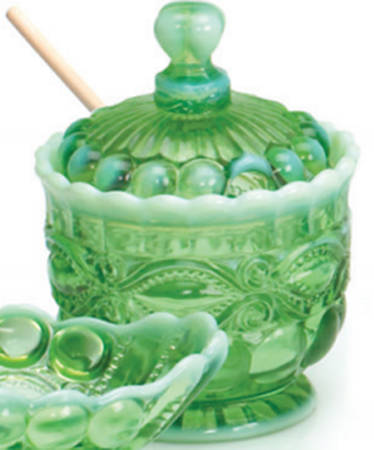 Eye Winker Green Opal Honey Jar & Lid with Wood Spoon/Dipper