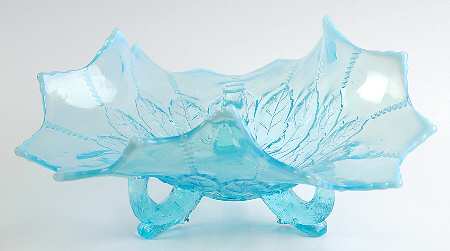 Leaf and Beads-Blue Opalescent 8" 3-Toed Footed Bowl