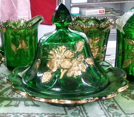 Gold Rose-Green Round Covered Butter