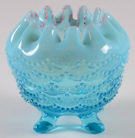 Beaded Drapes-Blue Opalescent Rose Bowl