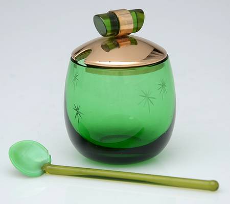 Emerald Glo Small Condiment Jar w/Metal Lid & Glass Ladle