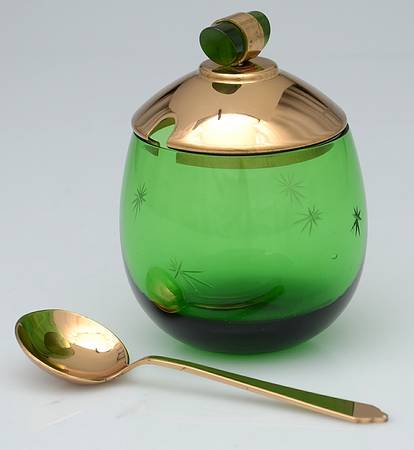 Emerald Glo Medium Condiment Jar w/Metal Lid & Metal Spoon