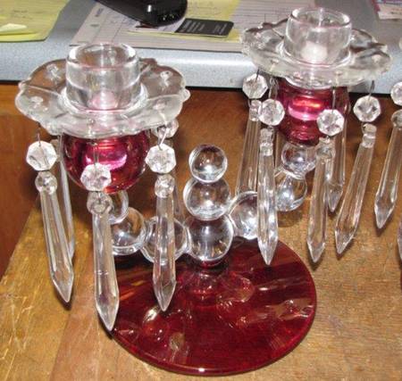 Alexander Ruby Flashed Double Candlestick with Bobeche & Prisms