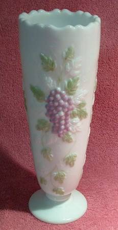 Vintage Milk Glass Decorated 9" Flower Vase