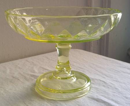 Quilted Diamond Vaseline (Canary) Round Compote (Height X Width)