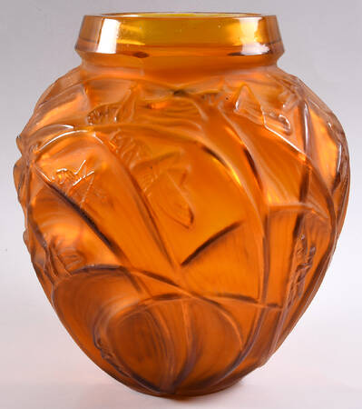 Art Deco "After" R Lalique Vases 11" Orange Sauterelles Vase
