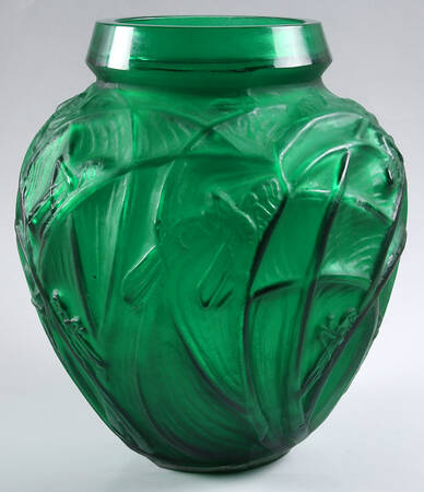 Art Deco "After" R Lalique Vases 11" Green Sauterelles Vase