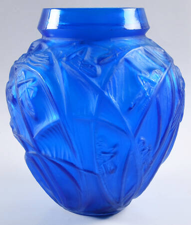 Art Deco "After" R Lalique Vases 11" Blue Sauterelles Vase