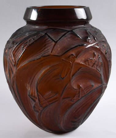 Art Deco "After" R Lalique Vases 11" Brown Sauterelles Vase