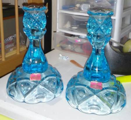 Diamond and Thumbprint Light Blue Single Light Candlestick
