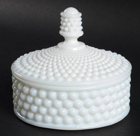 American Hobnail Milk Glass Round Puff Box with Lid