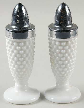 American Hobnail Milk Glass Footed Shaker Set & Metal Lids