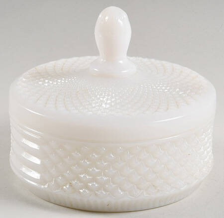 English Hobnail Milk Glass (Round or Hex Base) Puff Jar & Lid