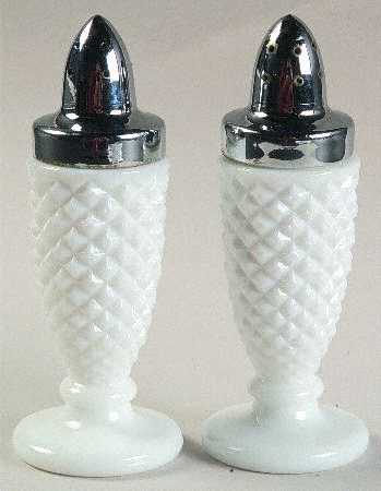 English Hobnail Milk Glass (Round or Hex Base) Footed Shaker Set & Metal Lids